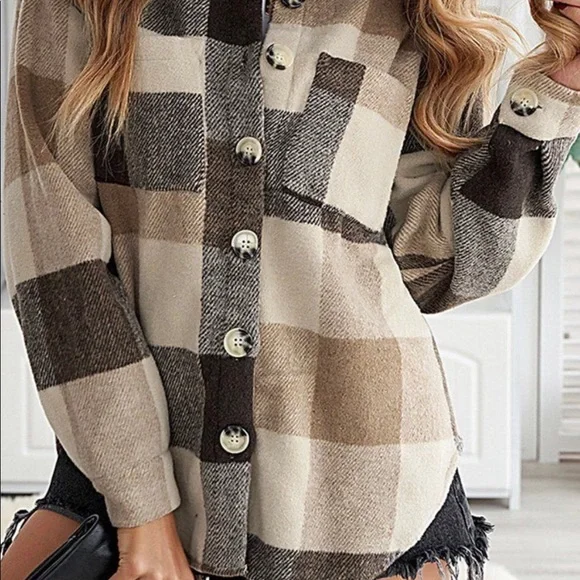 OVERSIZED FLANNEL PLAID SHIRT JACKET BUTTON DOWN SHACKET MEDIUM-TAN - Picture 4 of 5